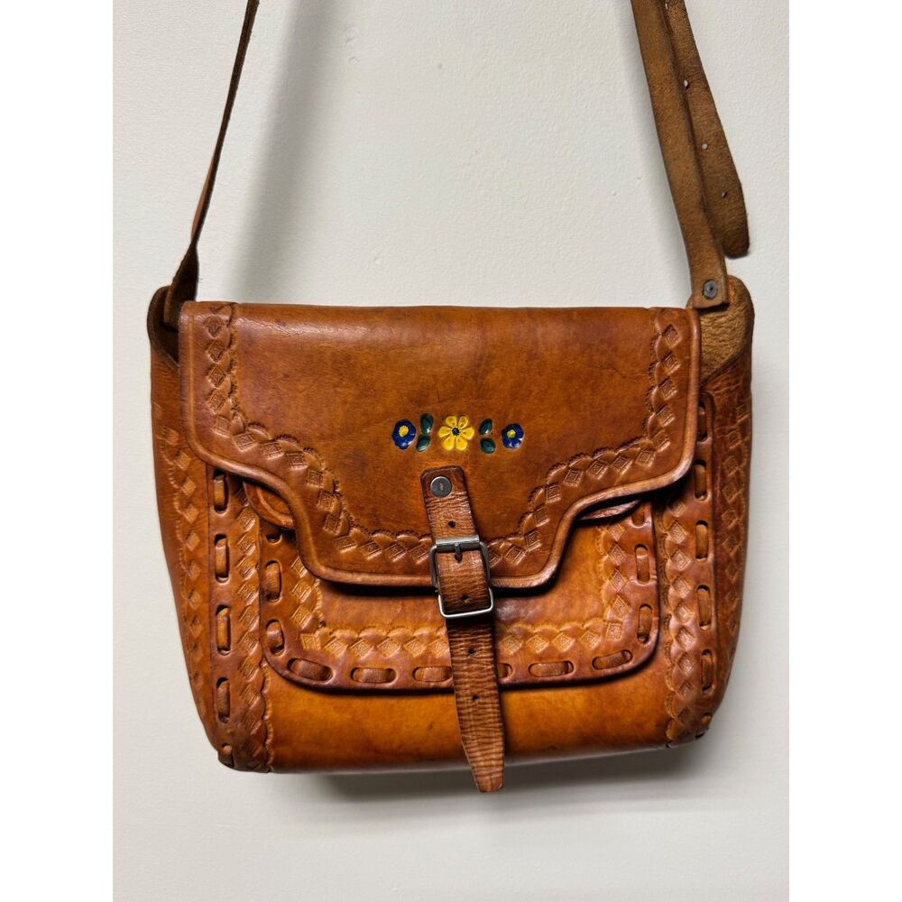 VTG - Genuine Tooled Leather Saddle Bag Painted Flowers, Snap Closure, Adj Strap